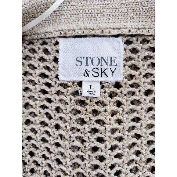 Stone & Sky Open Knit Cardigan Women's Sz L Tan/Gold Button up Long Sleeve - Picture 10 of 10